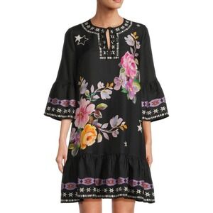 Johnny Was Hailee Silk Blend Mini Dress Size S Black Boho Floral Western Luxe